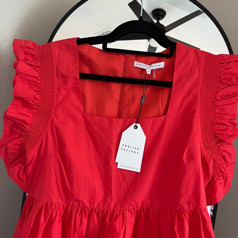 NWT English Factory Women’s Ruffled Dress with Smocked Detailing in Red - Picture 2 of 7